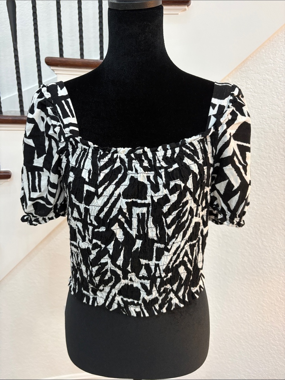 Monteau Black & White Smocked Square-Neck Crop Top
